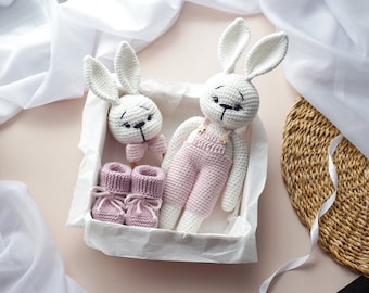 Handmade Crochet Bunny Set, Amigurumi Pink Bunny Plushie, Bunny Rattle and Booties, Newborn Baby for Gift Box, Handmade Plush Toy for Babies