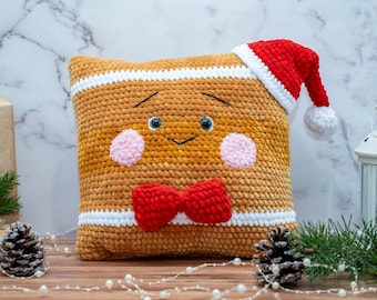 Handmade Crochet Gingerbread Christmas Pillow, Festive Home Decoration, Crochet Cushion, Perfect Christmas Gift, Holiday Amigurumi Gift