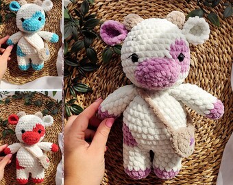 Handmade Crochet Colorful Cow Plush, 25cm Soft Amigurumi Toy, Custom Baby Gift, Cute Christmas Gift for Babies, Crochet Cow Amigurumi Toy