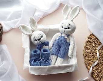 Handmade Crochet Bunny Doll Set with Merino Baby Booties, Soft Plush Stuffed Animal Toys, Amigurumi Rattle, Newborn Gift Baby Shower Present