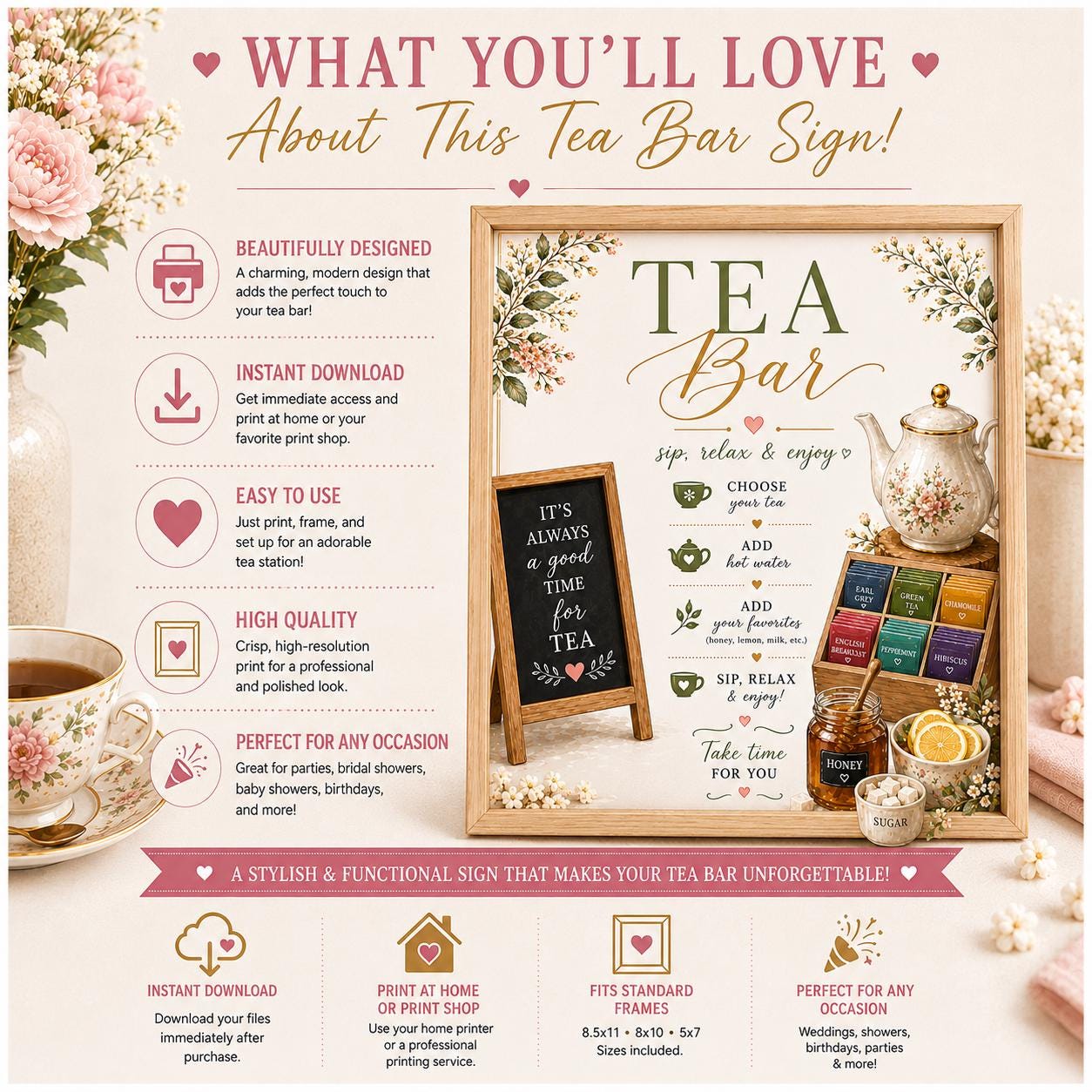Tea Bar Sign Printable, Tea Party Sign, Bridal Shower Tea Bar Decor ...