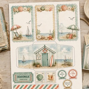 Diário de Recortes Vintage de Praia | Folhas de Recortes Imprimíveis em Aquarela, Adesivos Costeiros e Etiquetas para Artesanato de Praia