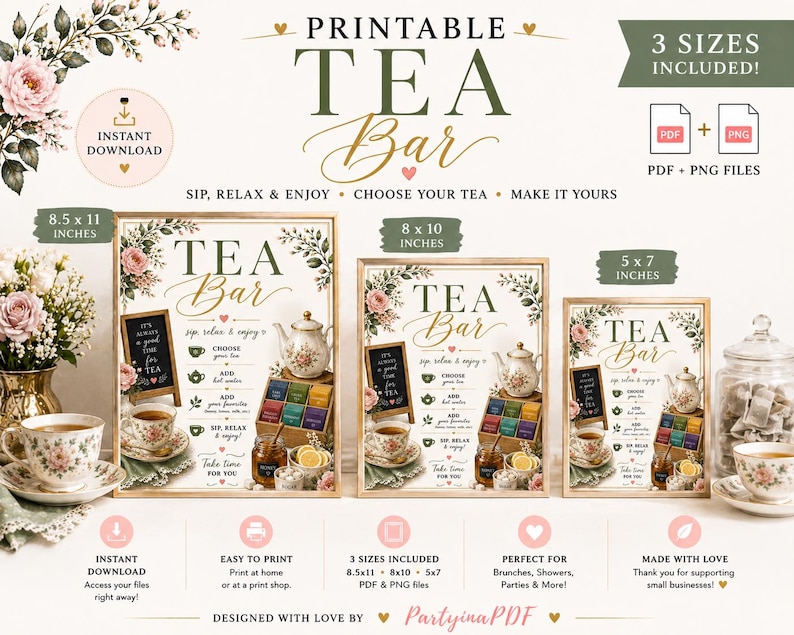 Tea Bar Sign Printable, Tea Party Sign, Bridal Shower Tea Bar Decor ...