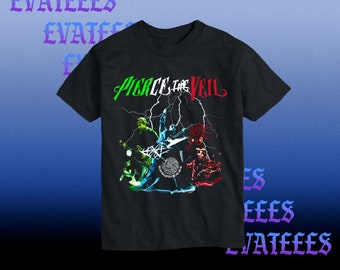 May include: Black t-shirt with a graphic print of the band "Pierce the Veil" in red and white text. The graphic features the band members in a stylized image with lightning bolts and a Mexican flag.