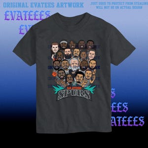 May include: A dark gray t-shirt with a graphic print of a group of cartoon basketball players. The players are wearing the San Antonio Spurs uniforms and are arranged in a pyramid shape. The text "SAN ANTONIO SPURS" is printed below the players.