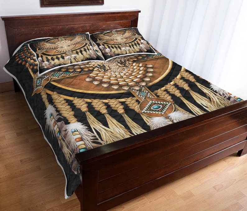 Vintage Owl Native American Quilt Bed Set, Feather Dream Catcher Art Native Blankets Indian