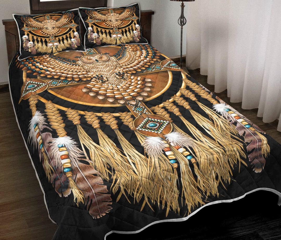 Vintage Owl Native American Quilt Bed Set, Feather Dream Catcher Art Native Blankets Indian