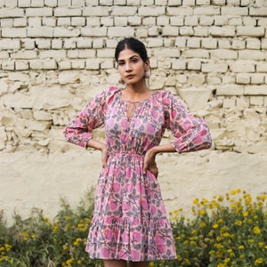 Pink Color Hand Block Printed Bohemian Short Dress For Women with Long Sleeves, Fit and Flared Beach Wear Floral Dress, Cotton Dresses image 2