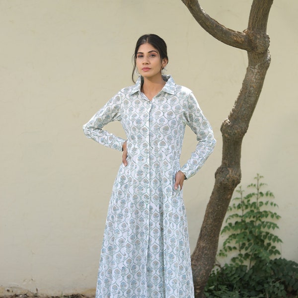 Indian Cotton Hand Block Printed Long Shirt Dress, For Women, Summer Dresses, Floral Printed Cotton Dress, Handmade Gift, Beach Wear