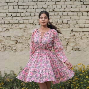 Pink Color Hand Block Printed Bohemian Short Dress For Women with Long Sleeves, Fit and Flared Beach Wear Floral Dress, Cotton Dresses image 1