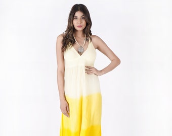 Hand Tie & Dye Yellow Ombre color front v neck Halter Maxi dress Summer wear woman's dress ,front slit Beach dress, goddess dress,