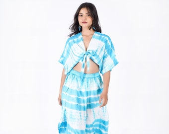 Tie dye two piece set wrap trouser with side slit, front knotted blouse with beautiful bell sleeve stylish resort wear, beachwear dress