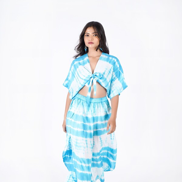 Tie dye two piece set wrap trouser with side slit, front knotted blouse with beautiful bell sleeve stylish resort wear, beachwear dress