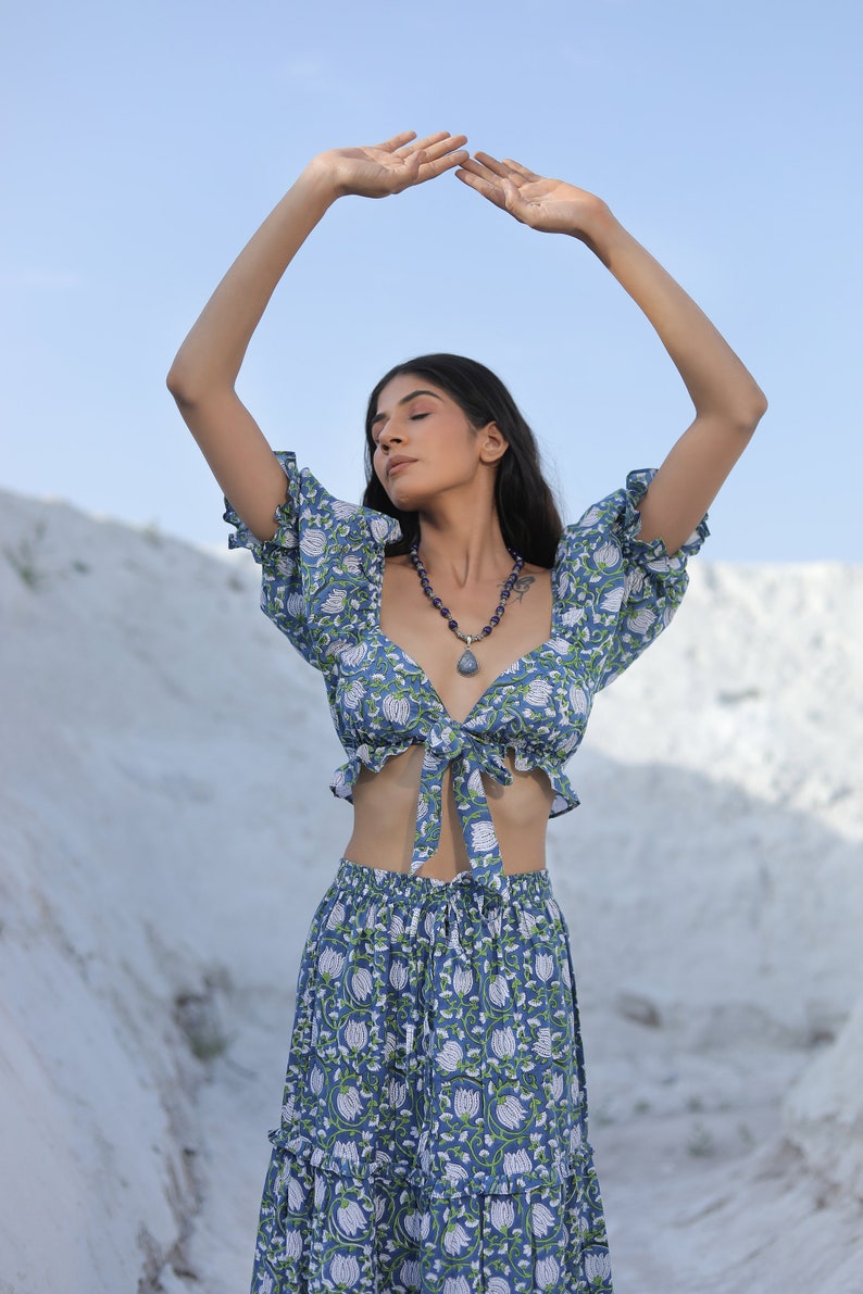 Cotton Printed Blouse & Skirt, Lotus Print ,Summer Dress