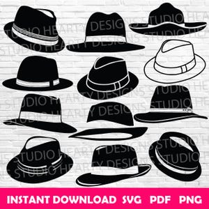 May include: A set of ten black and white silhouette images of different styles of hats. The hats are all in a fedora style, with a brim and a crown. The images are perfect for use in crafting projects, scrapbooking, or digital design.