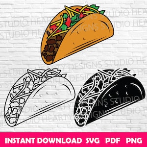 May include: Three illustrations of a taco. The first taco is in color with a yellow shell, brown meat, green lettuce, and red tomatoes. The second taco is in black and white with a white shell and black meat, lettuce, and tomatoes. The third taco is in black and white with a black shell and black meat, lettuce, and tomatoes.