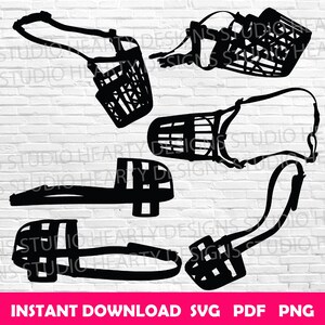 May include: Black silhouette designs of dog muzzles in various styles. The image includes several different muzzle designs with straps and basket-like structures. The bottom of the image has the text "INSTANT DOWNLOAD SVG PDF PNG".