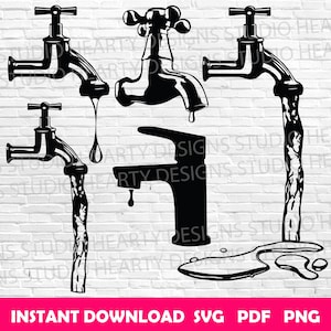 Puede incluir: Gráfico en blanco y negro de varios grifos de agua con agua fluyendo y goteando. La imagen incluye varios diseños de grifos, incluyendo estilos tradicionales y modernos. El texto en la parte inferior dice "INSTANT DOWNLOAD SVG PDF PNG".