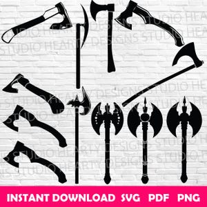 May include: A collection of black axe illustrations in various designs. The axes have different blade shapes and handle styles, set against a white brick wall background. The bottom of the image has the text "INSTANT DOWNLOAD SVG PDF PNG".