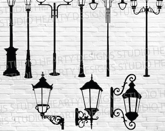 Könnte beinhalten: Ein Satz von zehn schwarzen Silhouette-SVG-Schnittdateien von Straßenlaternen. Die Straßenlaternen sind in verschiedenen Stilen, darunter ein- und zweilight-Leuchten, wobei einige dekorative Schnörkel haben.