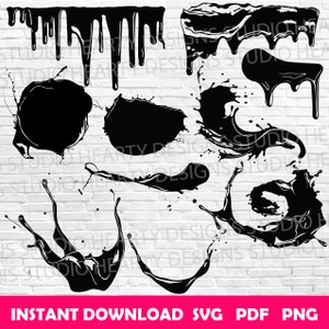 Puede incluir: Un conjunto de 10 archivos de corte SVG de salpicaduras y goteo de pintura negra. El diseño incluye varias formas y tamaños de salpicaduras y goteos de pintura, perfecto para proyectos de manualidades y diseño.