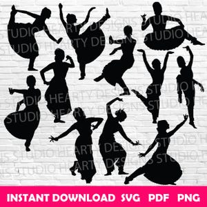 May include: Black silhouettes of dancers in various poses against a white brick wall background. The dancers are in traditional attire, with flowing skirts and arms raised. Text at the bottom reads "INSTANT DOWNLOAD SVG PDF PNG".