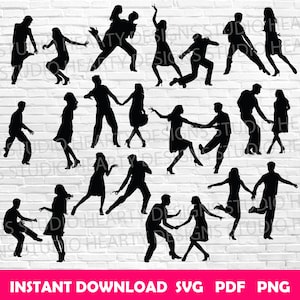 Puede incluir: Una colección de figuras silueta negras en varias poses de baile sobre un fondo de ladrillos blancos. La imagen incluye parejas e individuos en posiciones dinámicas. El texto en la parte inferior dice "INSTANT DOWNLOAD SVG PDF PNG".