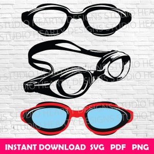 May include: Three pairs of swimming goggles in different styles. The top pair is black with a simple design. The middle pair is black with a more detailed design. The bottom pair is red with a blue lens.