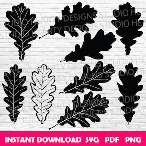 May include: A collection of black oak leaf designs in various styles, including solid silhouettes and outlined versions. The leaves are arranged against a white brick background. The bottom of the image features the text "INSTANT DOWNLOAD SVG PDF PNG".