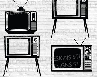 May include: Black and white illustrations of vintage televisions. The designs include various styles of retro TVs with antennas and stands. The image also includes the text "INSTANT DOWNLOAD SVG PDF PNG".