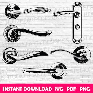 Può includere: Una collezione di design di maniglie per porte in bianco e nero. Le maniglie variano nello stile, inclusi design ornati e moderni. L'immagine include il testo "INSTANT DOWNLOAD SVG PDF PNG".