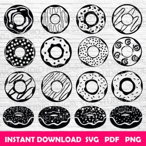 May include: Set of 12 black and white donut SVG cut files. Each donut has a different design, including sprinkles, stars, stripes, and swirls.