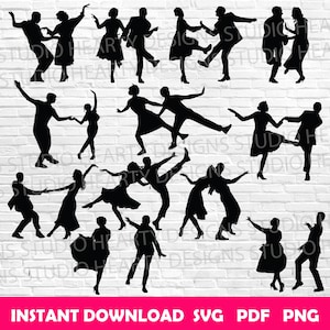 May include: Black silhouettes of couples dancing in various poses against a white brick background. The image includes the text "INSTANT DOWNLOAD SVG PDF PNG". The dancers are in motion, with arms outstretched and legs in mid-step, suggesting a theme of dance or celebration.