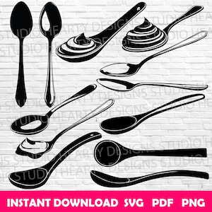 May include: A set of ten black and white SVG cut files of various spoons. The spoons are in different sizes and shapes, including a large soup spoon, a small teaspoon, and a ladle.