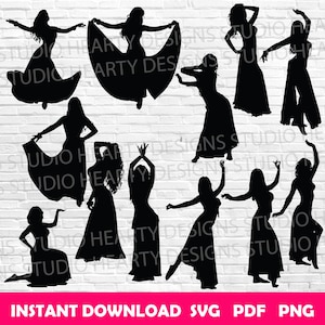 Puede incluir: Siluetas negras de bailarinas en varias poses. Las bailarinas visten vestidos largos y fluidos y realizan movimientos de baile. La imagen incluye el texto "INSTANT DOWNLOAD SVG PDF PNG".
