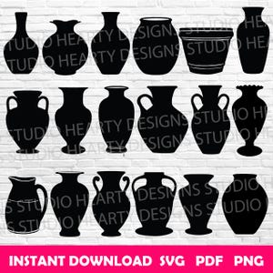 Puede incluir: Una colección de siluetas negras de jarrones de diversas formas, incluyendo ánforas, urnas y una maceta. La imagen incluye el texto "INSTANT DOWNLOAD SVG PDF PNG".