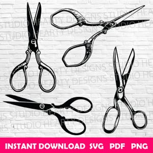 May include: A collection of four black scissors in various styles, set against a white brick wall background. The scissors include different handle designs and blade shapes. The image also contains the text "INSTANT DOWNLOAD SVG PDF PNG" in a pink banner.