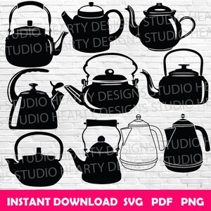 May include: A set of nine black silhouette images of teapots. The teapots are in various styles and sizes. The images are on a white background with the text "INSTANT DOWNLOAD SVG PDF PNG".