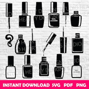 Puede incluir: Un conjunto de 12 archivos de corte SVG de botellas de esmalte de uñas en blanco y negro. Las botellas son de varias formas y tamaños, algunas con un pincel y otras con una tapa. El texto "Nail Lacquer" aparece en dos de las botellas.