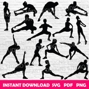 May include: A collection of black silhouette figures in various yoga and stretching poses. The figures are set against a white brick wall background. The bottom of the image has the text "INSTANT DOWNLOAD SVG PDF PNG".