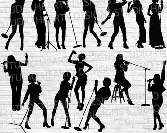 May include: A set of ten black silhouette images of singers with microphones. The singers are in various poses, some holding microphones, some singing, and some standing with their hands on their hips. The images are perfect for use in crafting projects, scrapbooking, or digital design.