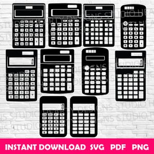 Puede incluir: Una colección de diseños de calculadoras negras en varias formas. Cada calculadora presenta una pantalla y una cuadrícula de botones con números y símbolos matemáticos. La frase "INSTANT DOWNLOAD SVG PDF PNG" está en la parte inferior.