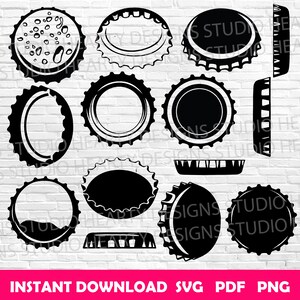 May include: A set of 10 black and white SVG cut files of bottle caps. The files are perfect for crafting projects, such as making stickers, iron-on transfers, or vinyl decals.