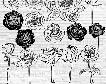 Handgetekende roos SVG: bloemen clipart, vector silhouet (digitale download)