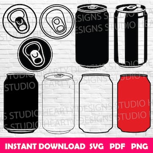 Könnte beinhalten: Ein Satz von acht schwarzen und weißen SVG-Schnittdateien in Outline-Form von verschiedenen Soda-Dosen-Stilen. Der Satz enthält eine Dose mit einem Zuglaschenverschluss, eine Dose mit einem Drehverschluss, eine Dose mit einem leeren Etikett und eine Dose mit einem roten Etikett. Der Text "INSTANT DOWNLOAD SVG PDF PNG" befindet sich am unteren Rand des Bildes.