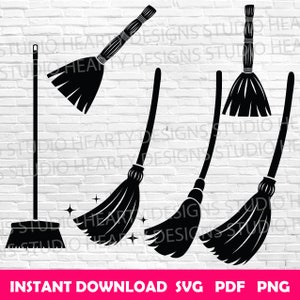 May include: Set of four black silhouette brooms.  The brooms are in different sizes and styles, including a traditional broom with a long handle and a witch's broom with a short handle.