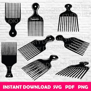 May include: A collection of black afro pick combs in different styles, set against a white brick background. Each comb features a handle and widely spaced teeth. The image includes the text "INSTANT DOWNLOAD SVG PDF PNG".