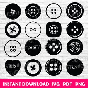 May include: A set of 14 black and white button SVG cut files. The buttons are in various shapes and sizes, including circles, squares, and hearts. Some buttons have a simple design, while others have more intricate details, such as stitching or holes.