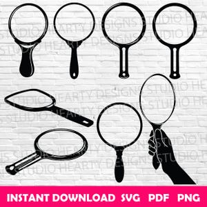 Puede incluir: Dibujos lineales en blanco y negro de varias lupas con diferentes formas y tamaños. La imagen está sobre un fondo de pared de ladrillos blancos. La parte inferior de la imagen contiene el texto "INSTANT DOWNLOAD SVG PDF PNG".