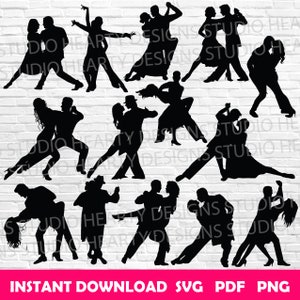 Peut inclure: Un ensemble de 10 images en silhouette noire de couples dansant. Les silhouettes sont dans différentes poses, toutes représentant une danse romantique.